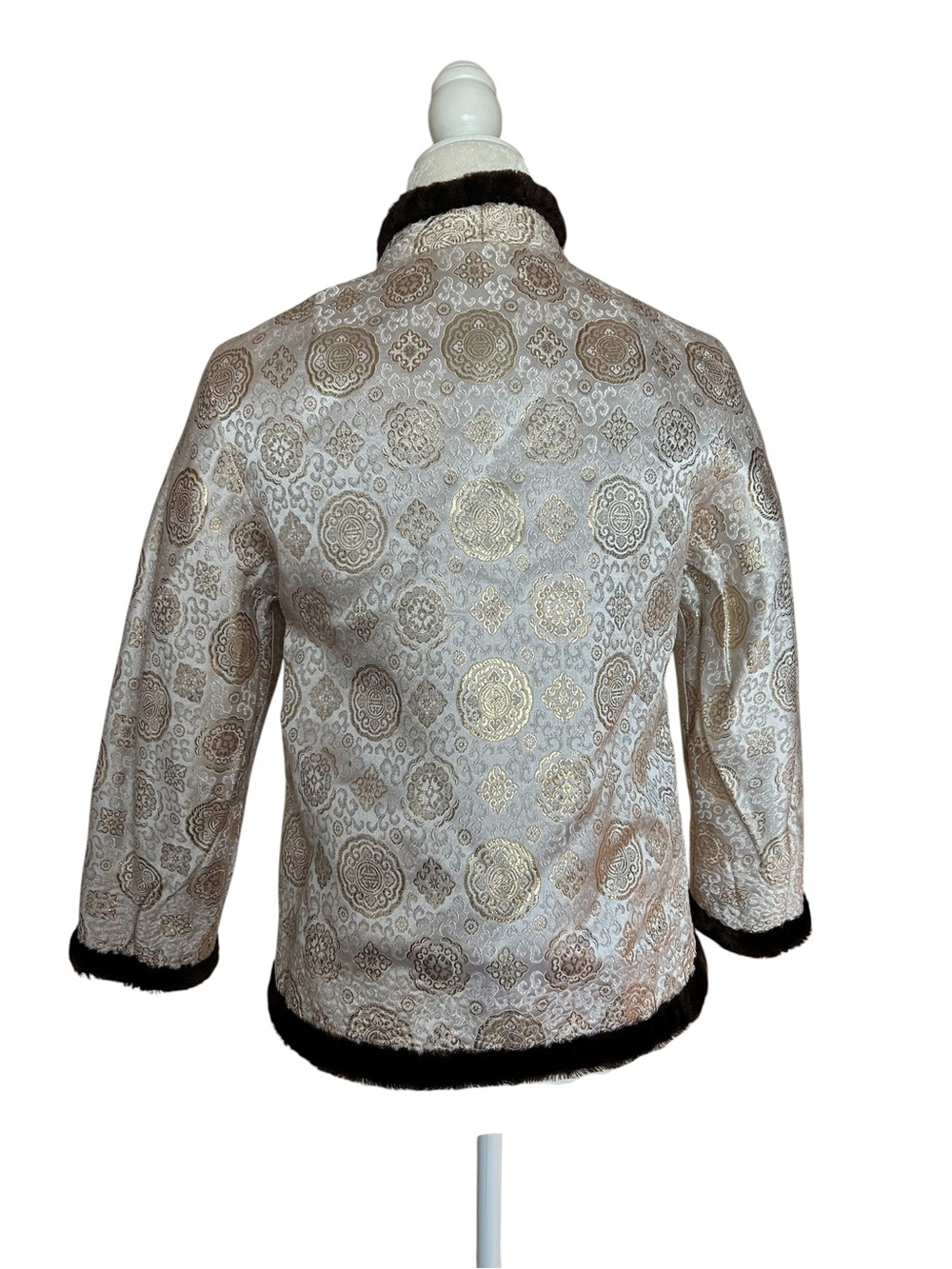 Gorgeous Asian Brocade Jacket Faux Fur Trim Mandarin Collar Size Small - Picture 10 of 14